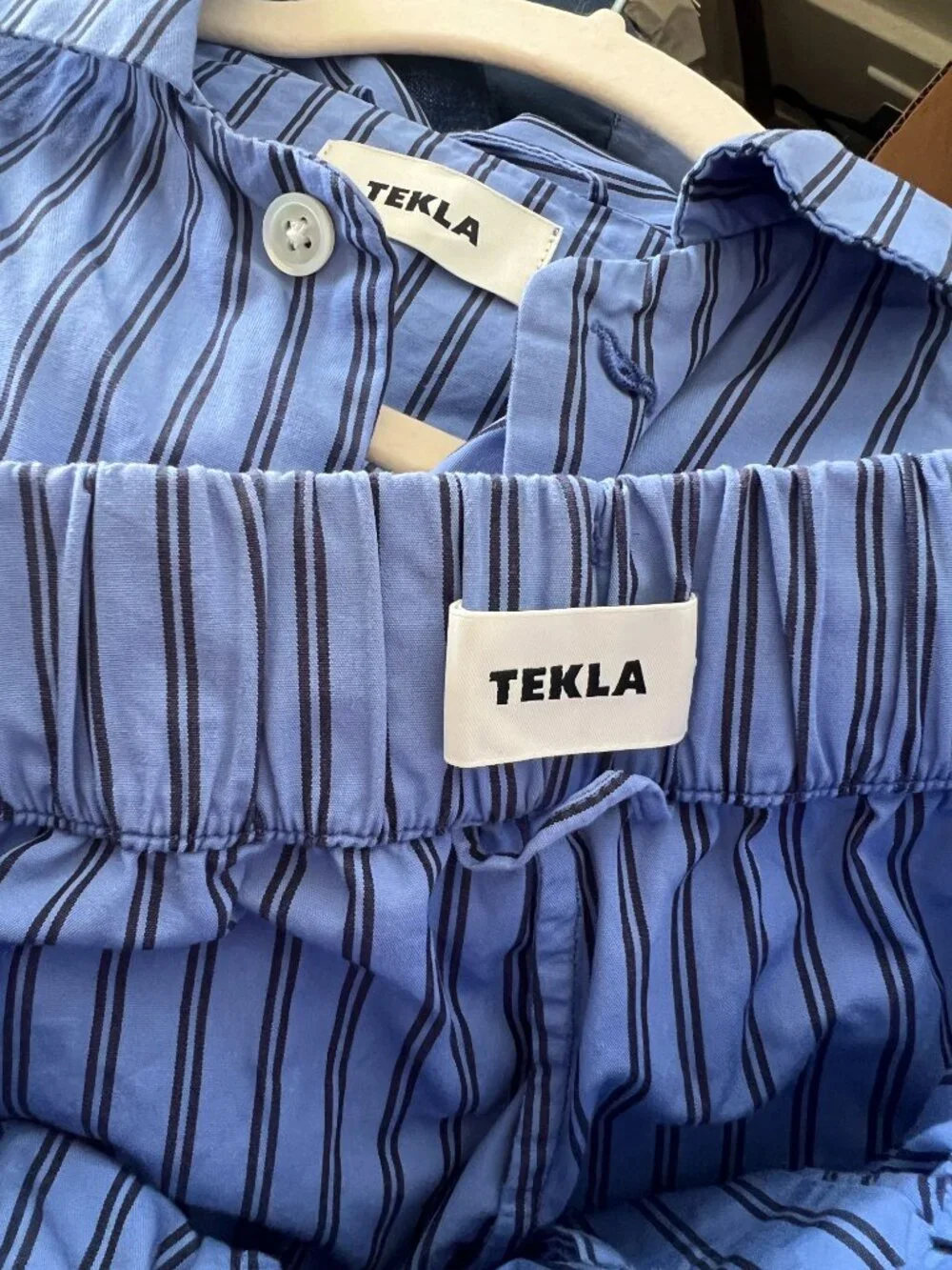 TEKLA Blue Striped Poplin Pyjama Set Size Small Matching Pants Shirt Luxury